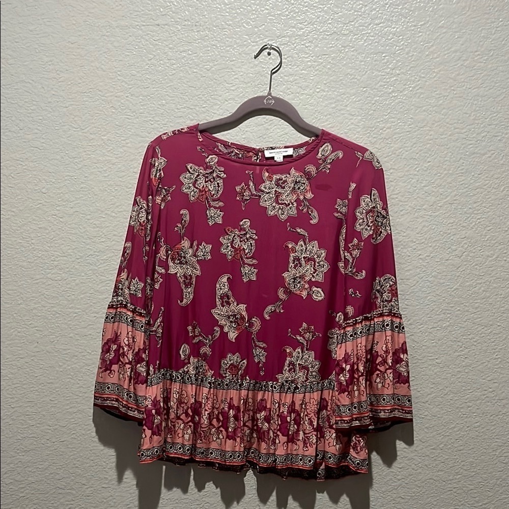 Beachlunchlounge Boho Peasant Top Large Bell Sleeves Ruffles Size S/P‎ TC0545